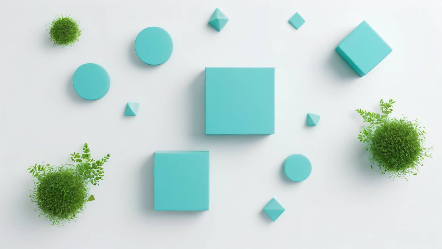 A minimalist abstract composition representing testing and consistency featuring floating geometric shapes in turquoise blue and fresh moss green arranged in a balanced pattern against a clean white background shot from straight above high-quality ultra-realistic cinematic 8K UHD high resolution sharp and detail