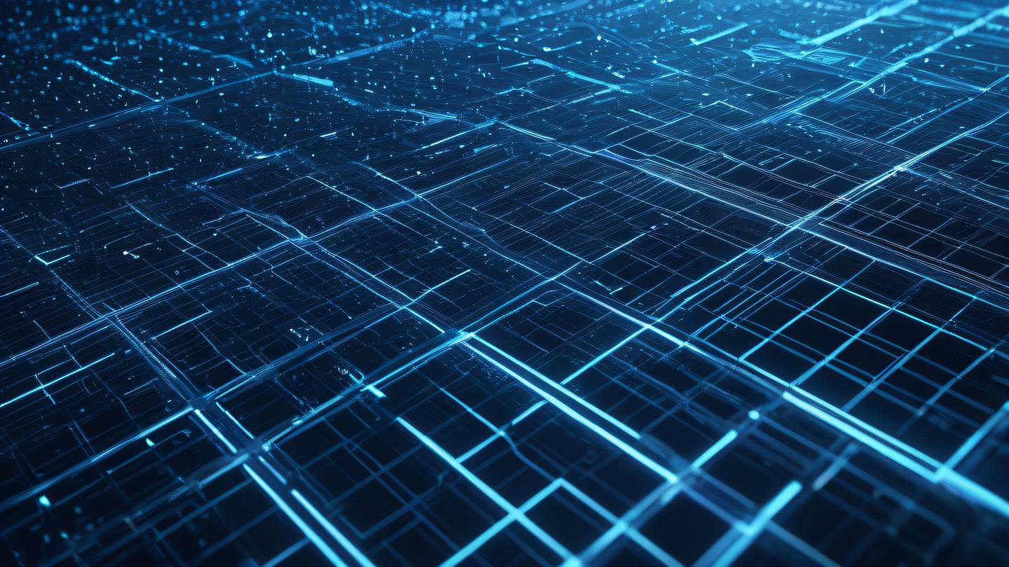 An abstract representation of code architecture featuring interconnected geometric patterns in cool indigo and baby blue colors viewed from a 45-degree angle flowing like a digital river through space high-quality ultra-realistic cinematic 8K UHD high resolution sharp and detail