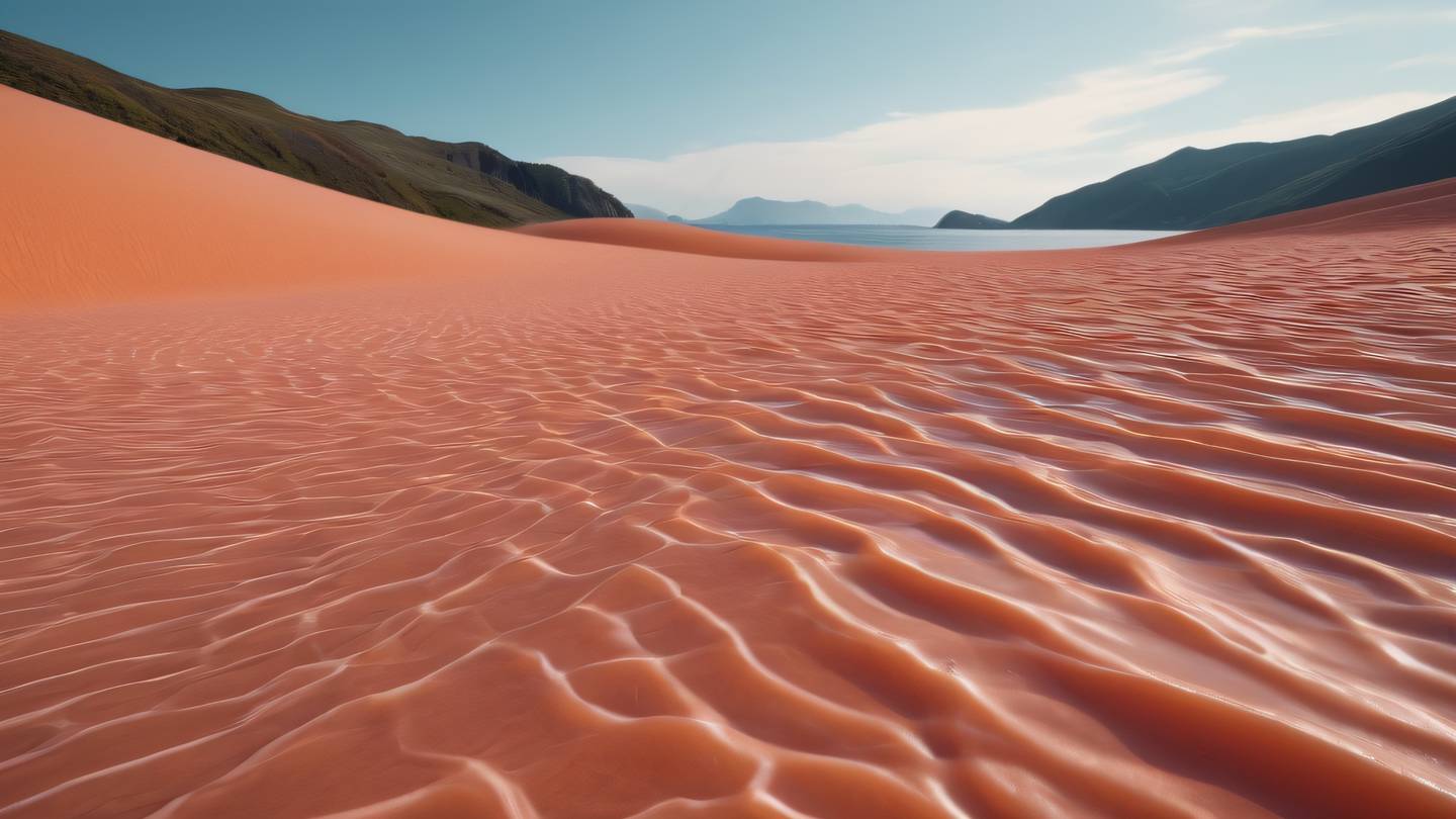 A serene landscape with rolling geometric waves in salmon-orange and peach colors representing harmony and balance shot from a low angle perspective high-quality ultra-realistic cinematic 8K UHD high resolution sharp and detail