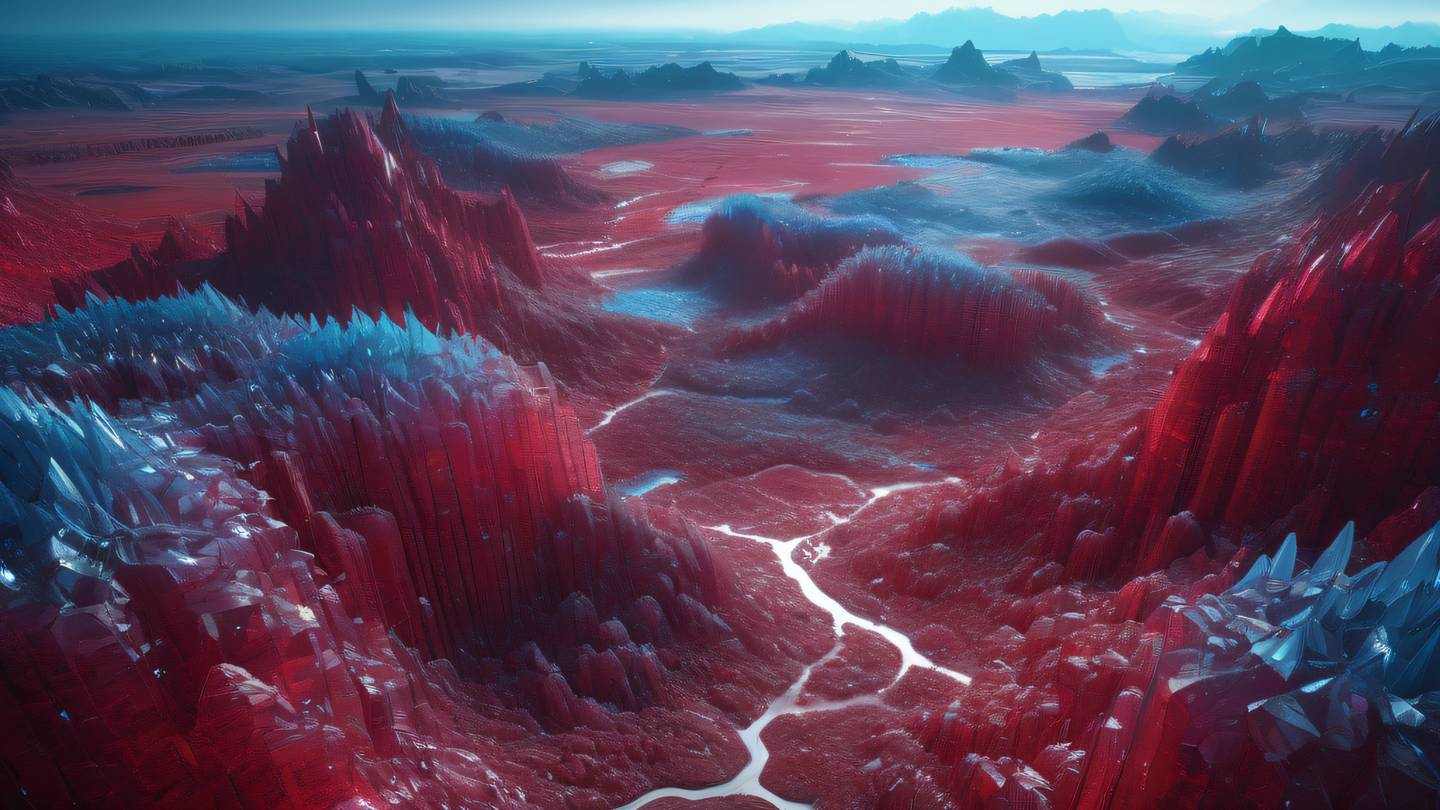 A futuristic abstract landscape with floating crystalline structures in ruby red and bright baby blue colors captured from a dramatic bird's eye view high-quality ultra-realistic cinematic 8K UHD high resolution sharp and detail