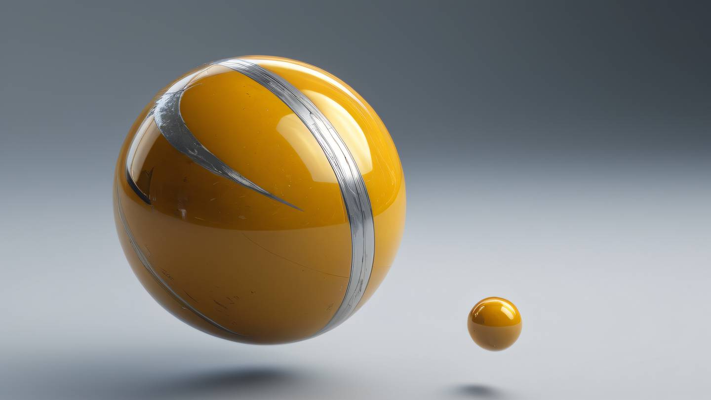 Floating planet-like sphere with smooth surface textures featuring bright butterscotch yellow and silver metallic surfaces photographed from diagonal three-quarter view high-quality ultra-realistic cinematic 8K UHD high resolution sharp and detail