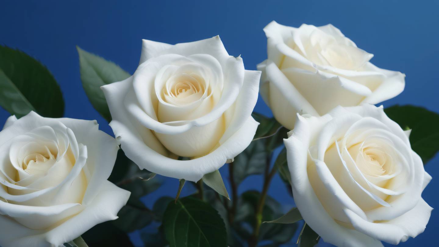 Minimalist white boutique flower arrangement with dynamic composition of white roses and leaves against sapphire blue background. Camera angle: Close-up macro shot high-quality ultra-realistic cinematic 8K UHD high resolution sharp and detail