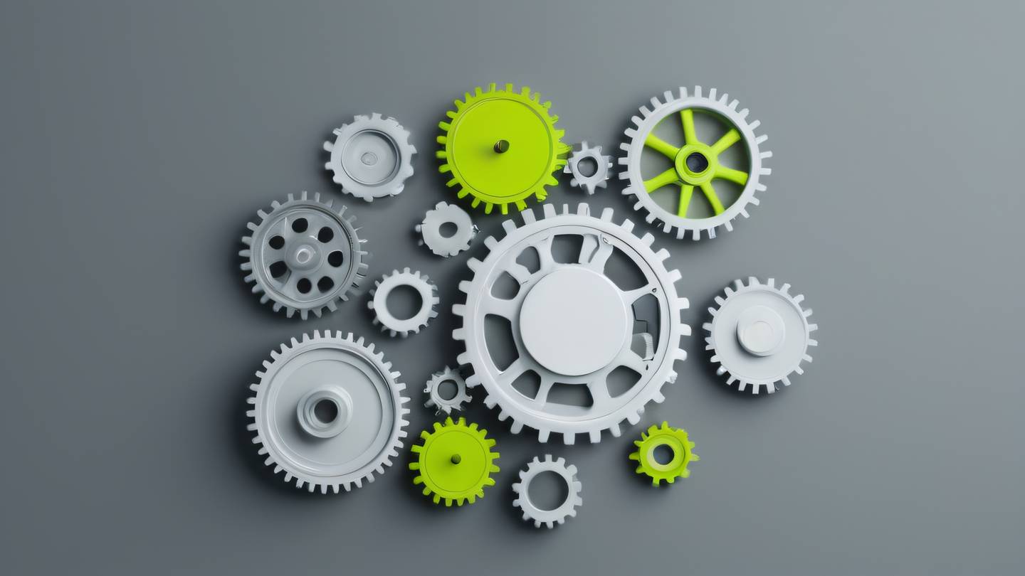 A minimalist abstract representation of gears and mechanical components interacting with each other featuring bright lime and white colors on a clean grey background shot from a top-down perspective high-quality ultra-realistic cinematic 8K UHD high resolution sharp and detail