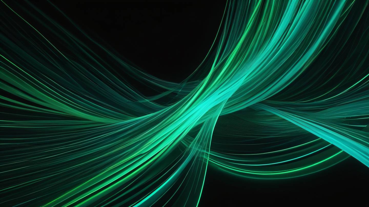 Abstract flowing data streams visualized as interweaving ribbons in bright green and turquoise against a dark background captured from a dynamic diagonal angle high-quality ultra-realistic cinematic 8K UHD high resolution sharp and detail
