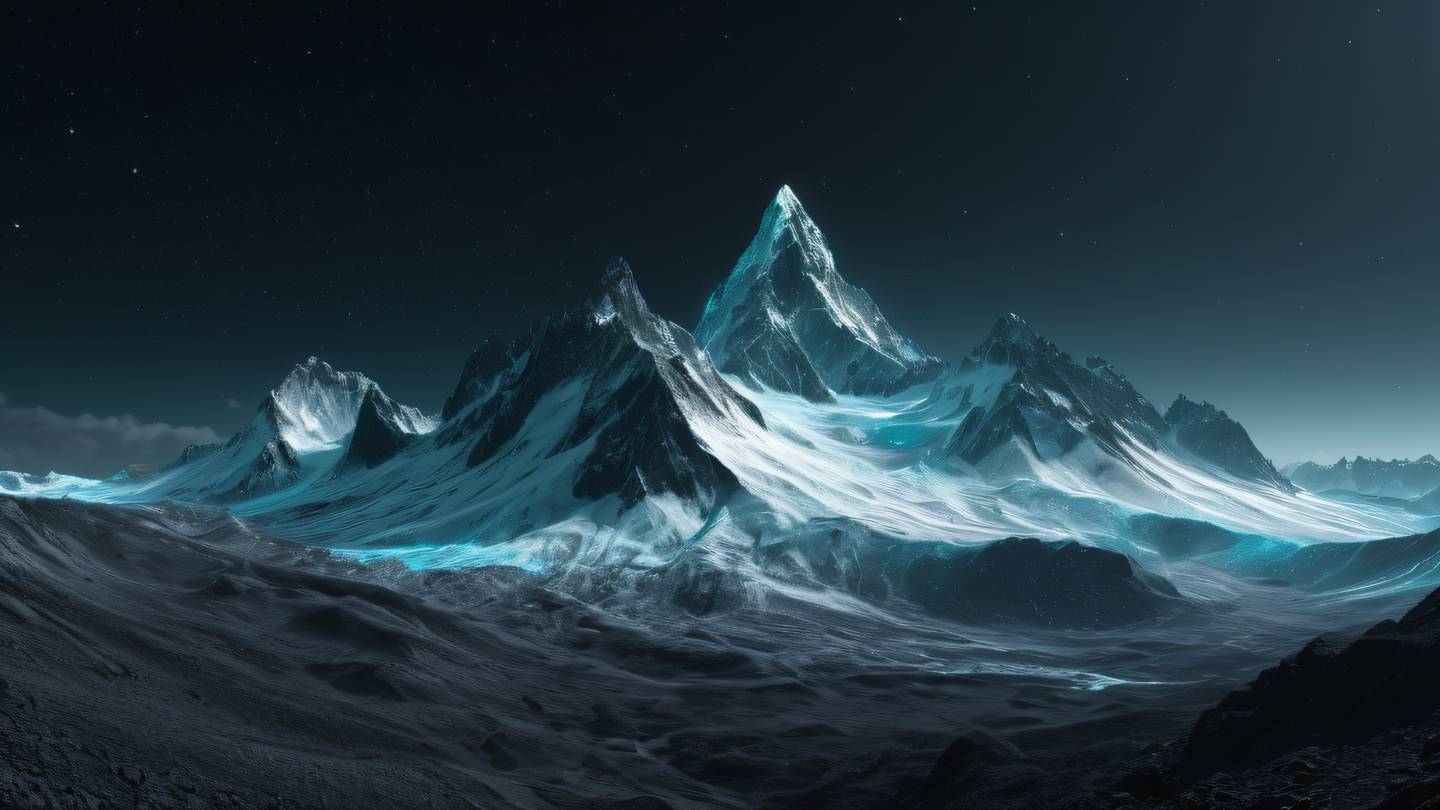 A serene mountain landscape with flowing digital particles featuring bright cyan and white colors against a dark grey backdrop captured from a wide panoramic angle high-quality ultra-realistic cinematic 8K UHD high resolution sharp and detail