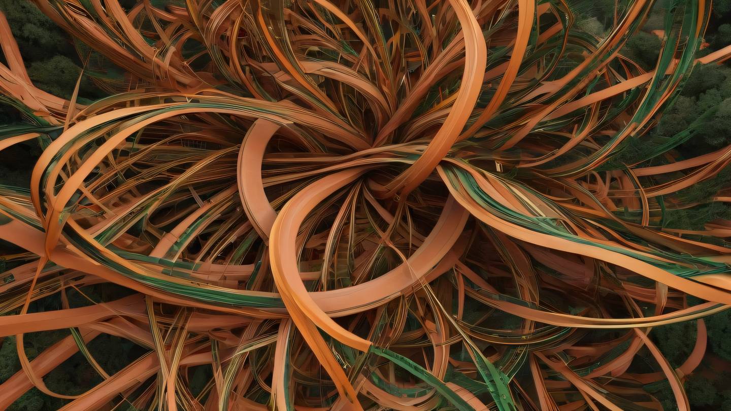 Abstract flowing shapes representing async operations and testing concepts featuring interweaving ribbons and circular patterns in bright orange rustic terracotta and forest green colors shot from straight above ultra-realistic cinematic 8K UHD high resolution sharp and detail