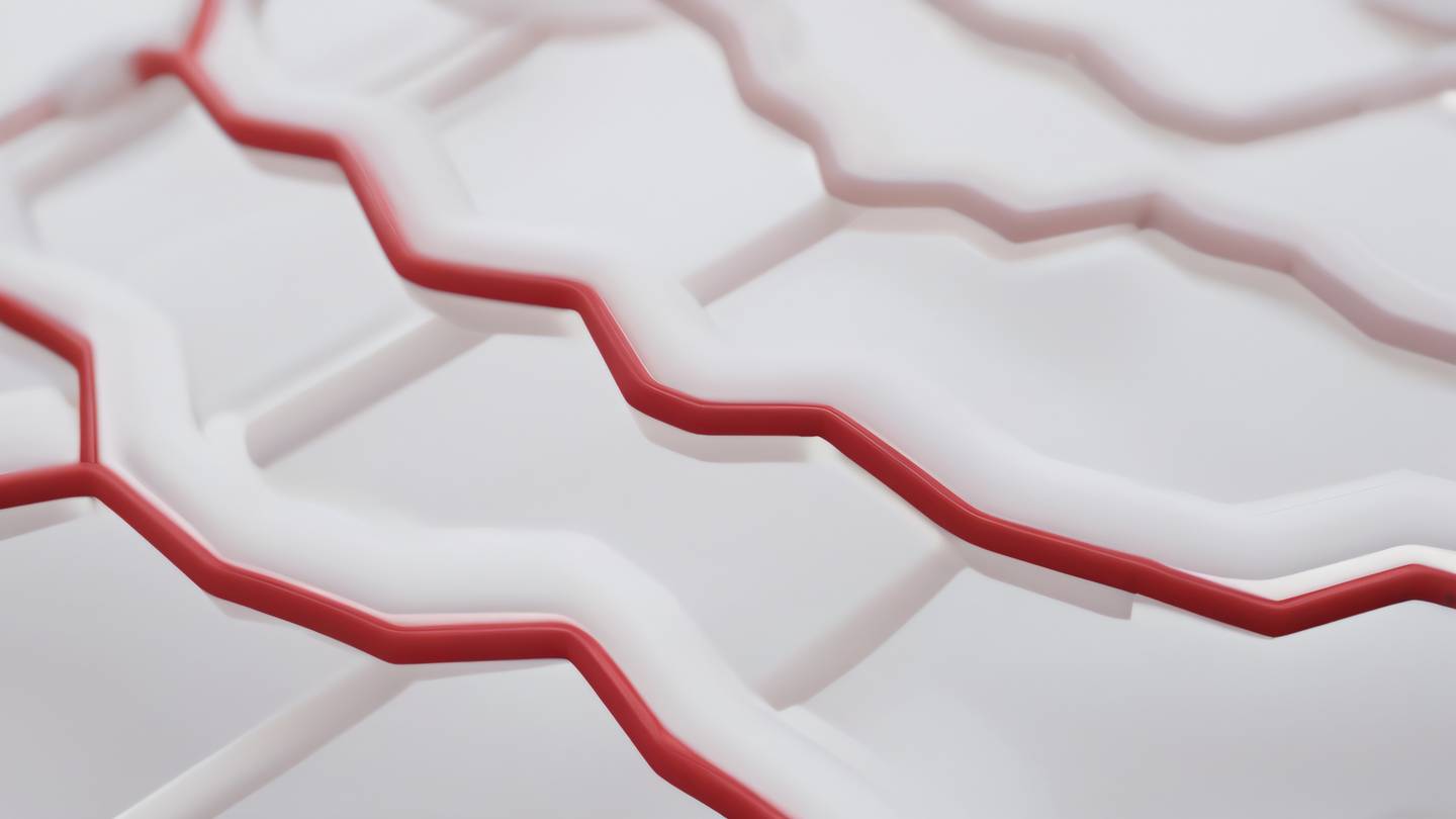 Abstract geometric patterns representing promise chains and async flows featuring white and red colors with subtle gradients viewed from a bird's eye perspective high-quality ultra-realistic cinematic 8K UHD high resolution sharp and detail