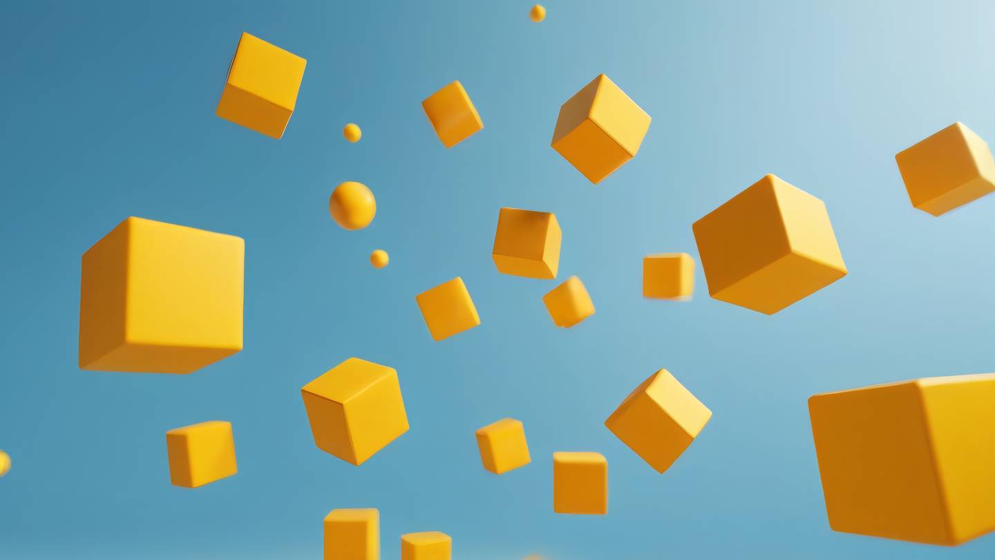 A geometric abstract composition featuring interconnected cubes and spheres floating in space representing structure and organization. Colors: warm yellow primary elements with subtle orange highlights against a soft blue background photographed straight on with subtle perspective high-quality ultra-realistic cinematic 8K UHD high resolution sharp and detail