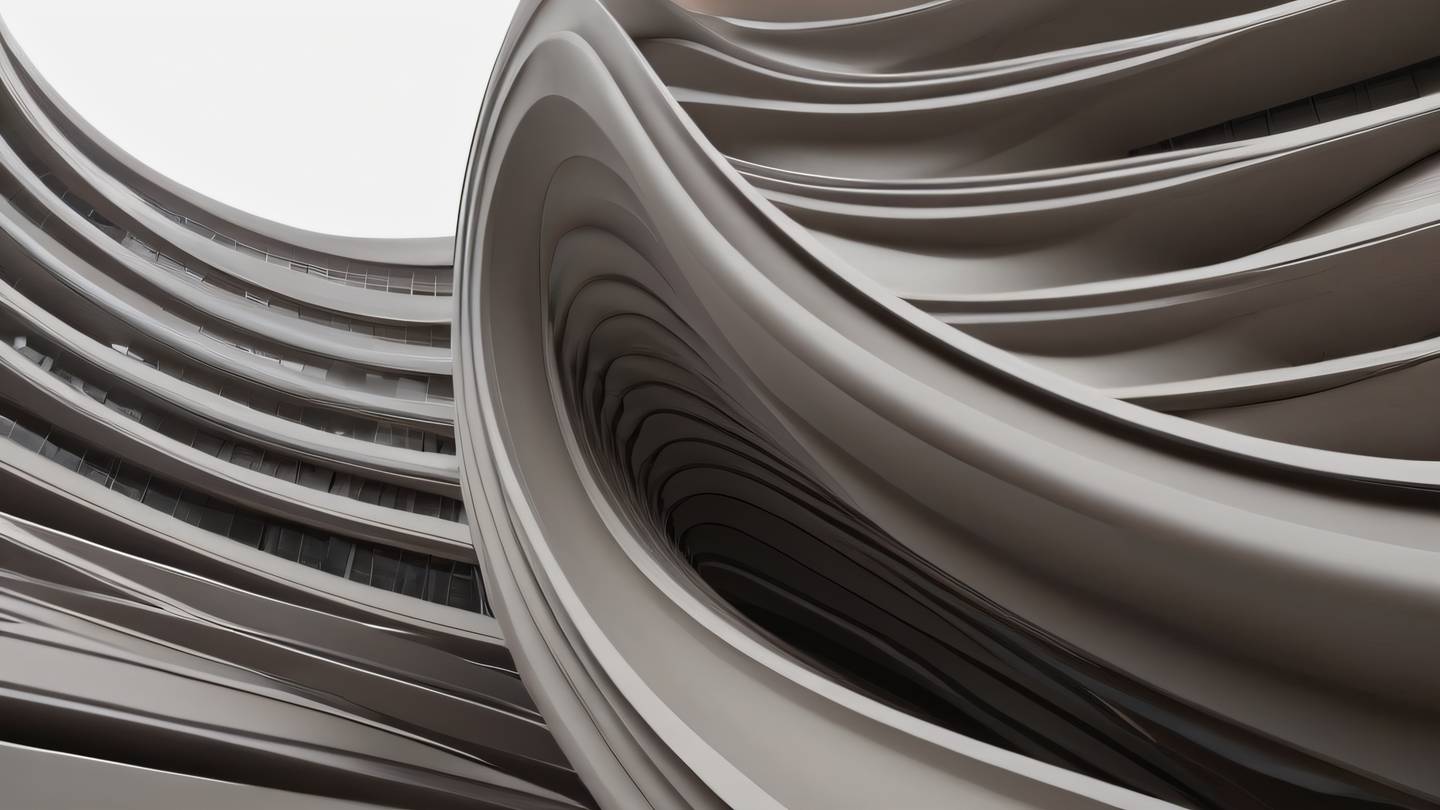 Abstract architectural structure with flowing curves and geometric patterns representing systematic organization. Colors: Neutral greys with subtle umber accents. Camera angle: Low angle dramatic perspective shot high-quality ultra-realistic cinematic 8K UHD high resolution sharp and detail