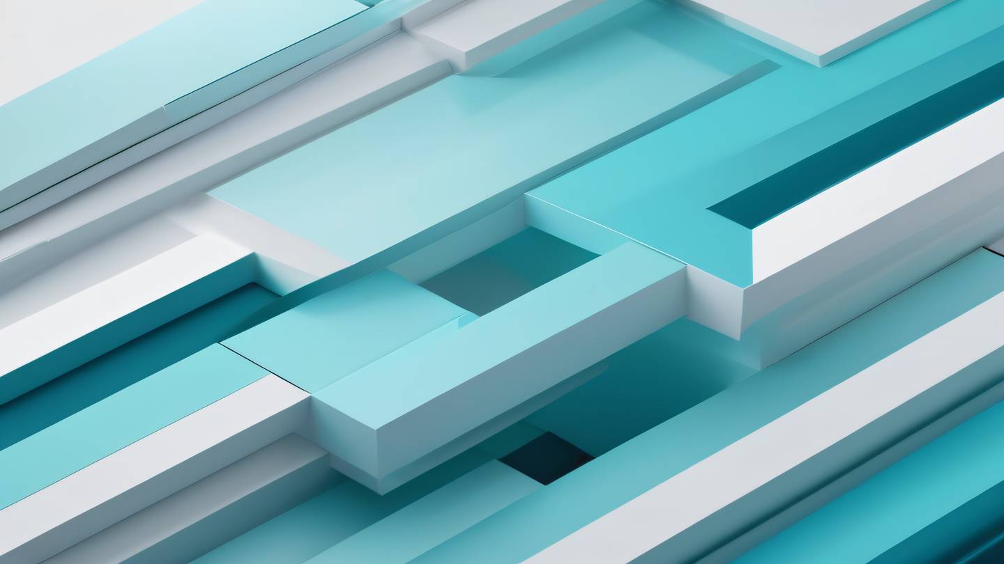 A minimalist composition of overlapping geometric shapes creating depth and dimension shot from a 45-degree angle. Colors: bright cyan blue gradients mixed with stark white and metallic silver tones high-quality ultra-realistic cinematic 8K UHD high resolution sharp and detail