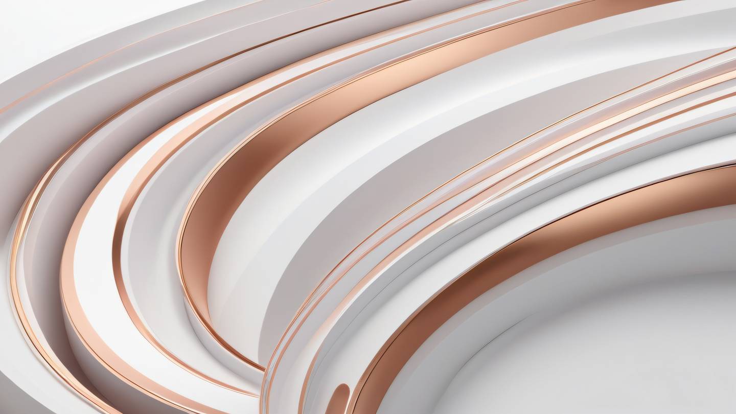 An abstract minimalist representation of speed and efficiency using flowing lines and geometric shapes aerial view color palette: bright white and rose gold tones sharp edges meeting curved elements high-quality ultra-realistic cinematic 8K UHD high resolution sharp and detail