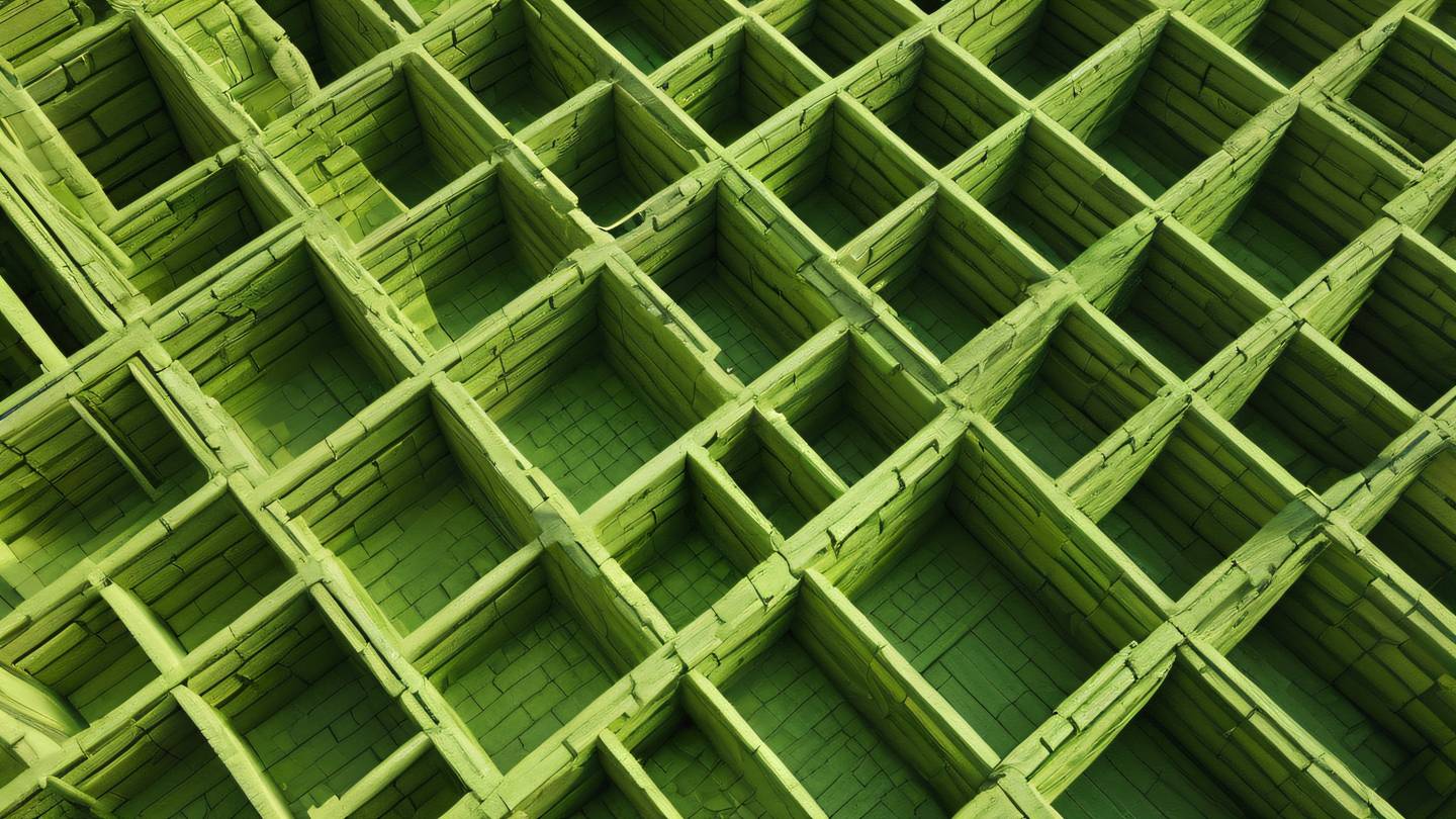 Abstract geometric patterns representing organized structure and clarity featuring bright lime green and sun-washed brick colors flowing in harmonious layers captured from bird's eye view angle high-quality ultra-realistic cinematic 8K UHD high resolution sharp and detail