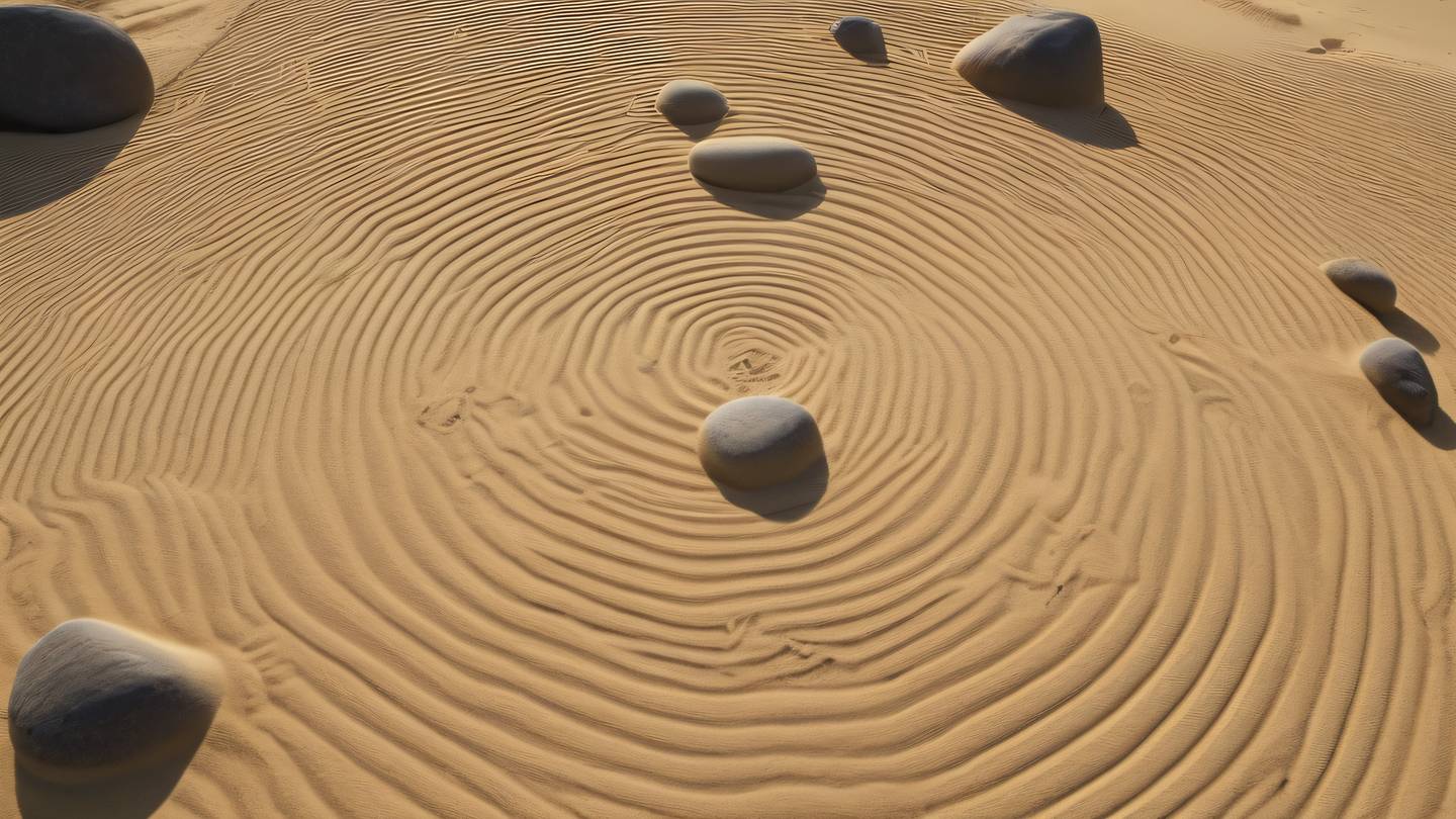 A serene zen garden with perfectly raked sand patterns and minimal rock formations bathed in warm morning sunlight. Colors: Minimalist yellow and silver tones. Camera angle: High aerial view looking down at 45 degrees. high-quality ultra-realistic cinematic 8K UHD high resolution sharp and detail