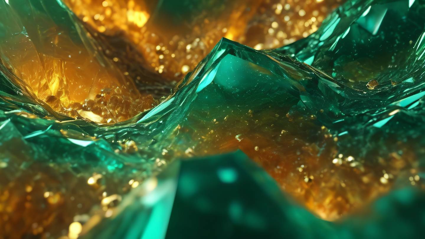 Gradient abstract with flowing gem-like structures in emerald green and golden amber resembling crystalline formations photographed from a 45-degree angle high-quality ultra-realistic cinematic 8K UHD high resolution sharp and detail