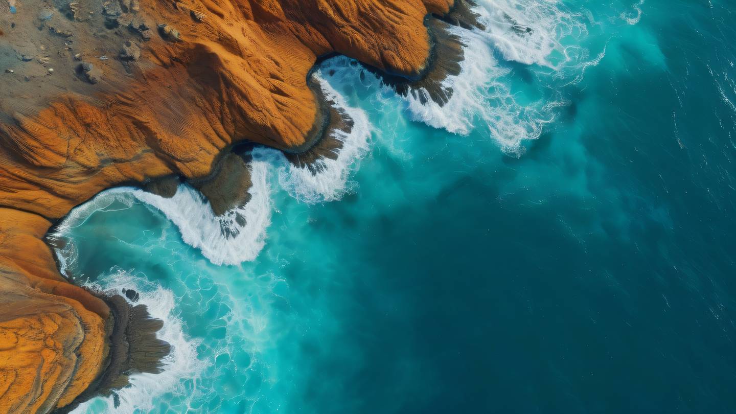 Organic flowing forms in bright turquoise and warm amber tones creating a natural ocean-inspired abstract composition shot from a bird's eye view high-quality ultra-realistic cinematic 8K UHD high resolution sharp and detail