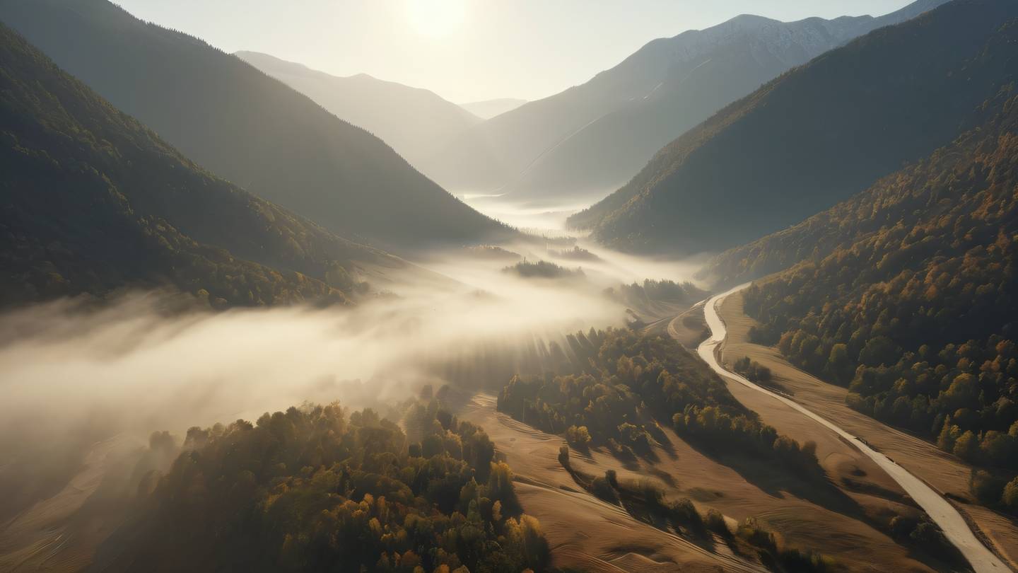 Sunlight streaming through mountain valley with morning mist. Dominant colors: October mist and sand colors. Camera angle: wide landscape shot from elevated position ultra-realistic cinematic 8K UHD high resolution sharp and detail