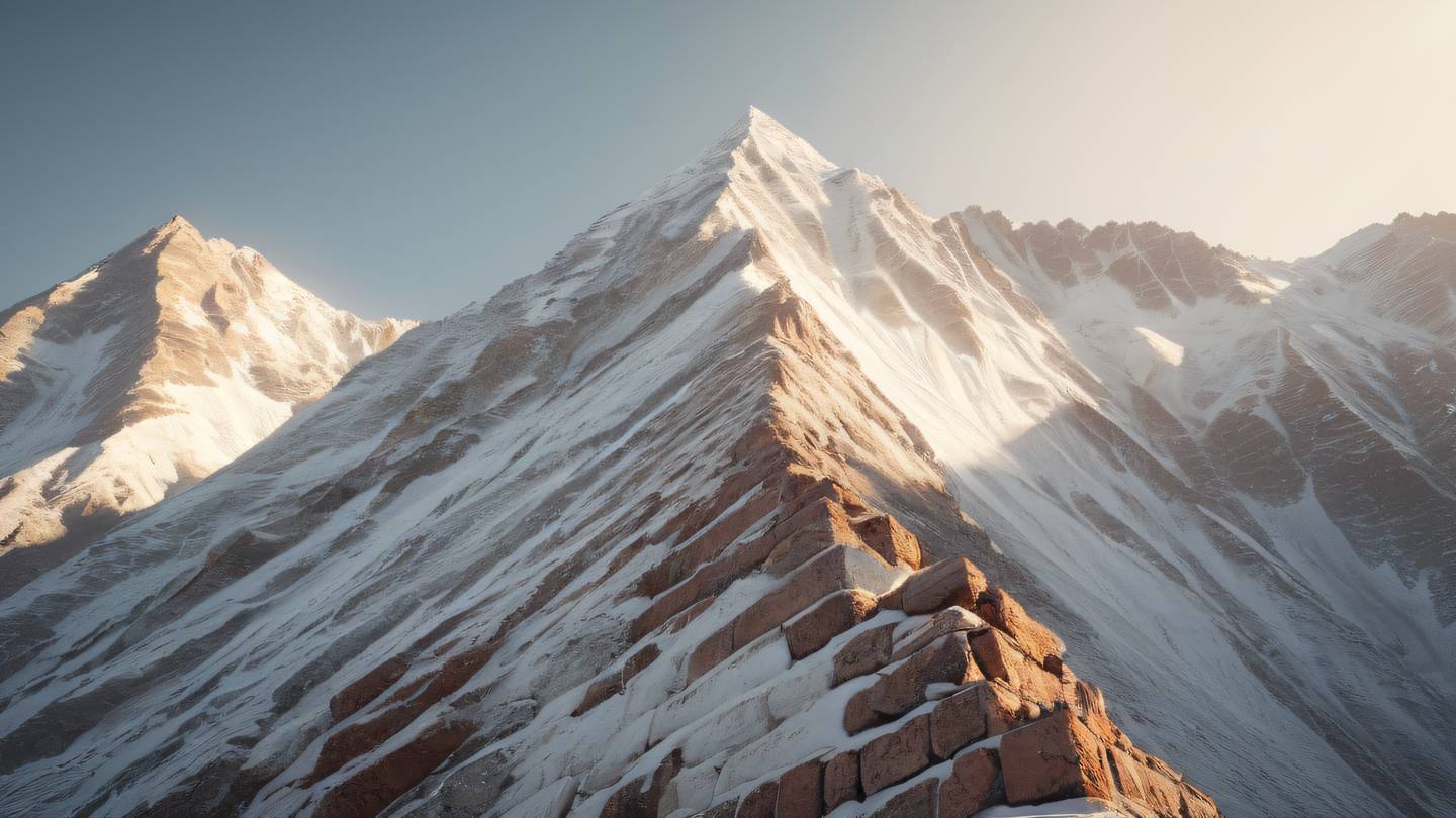 A majestic mountain range with geometric patterns overlaid featuring whisper white and sun-washed brick colors captured from a low angle perspective with dramatic lighting high-quality ultra-realistic cinematic 8K UHD high resolution sharp and detail