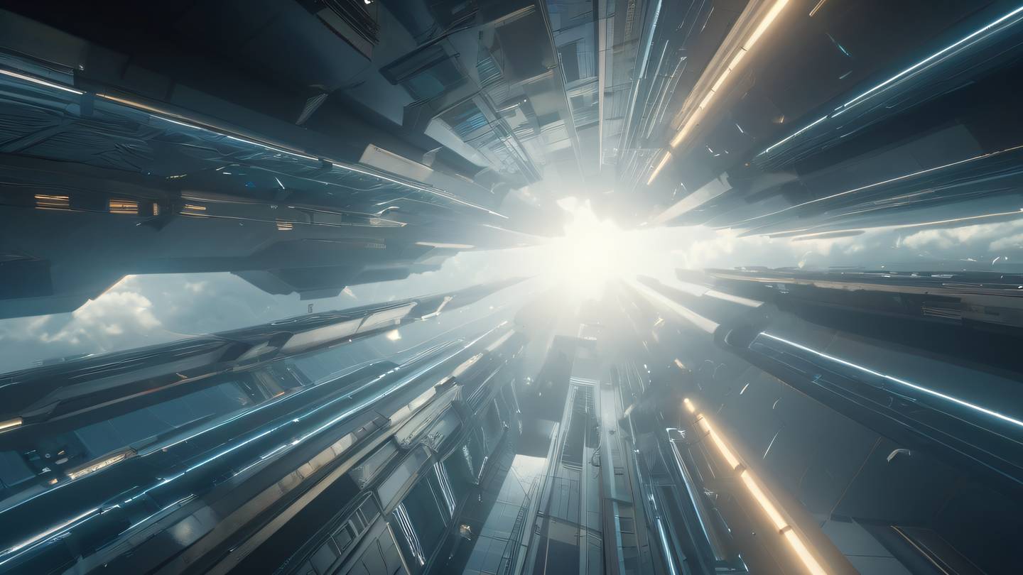 Abstract geometric shapes floating in space with light rays piercing through clouds dominated by breezeway and etched glass colors captured from a bird's eye view perspective high-quality ultra-realistic cinematic 8K UHD high resolution sharp and detail