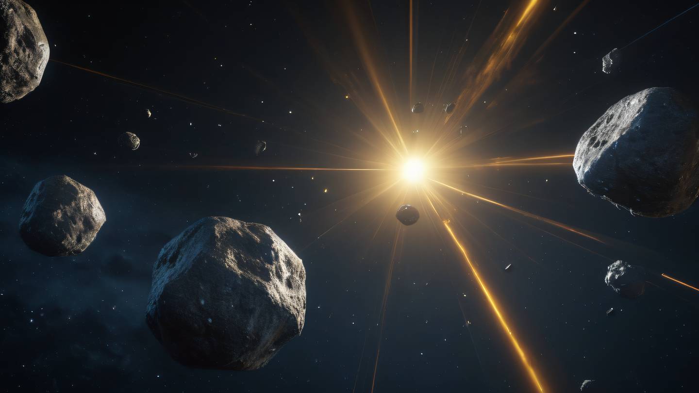 Rocky asteroids floating in space with ethereal light patterns featuring gem and yellow colors captured from a dramatic upward angle high-quality ultra-realistic cinematic 8K UHD high resolution sharp and detail