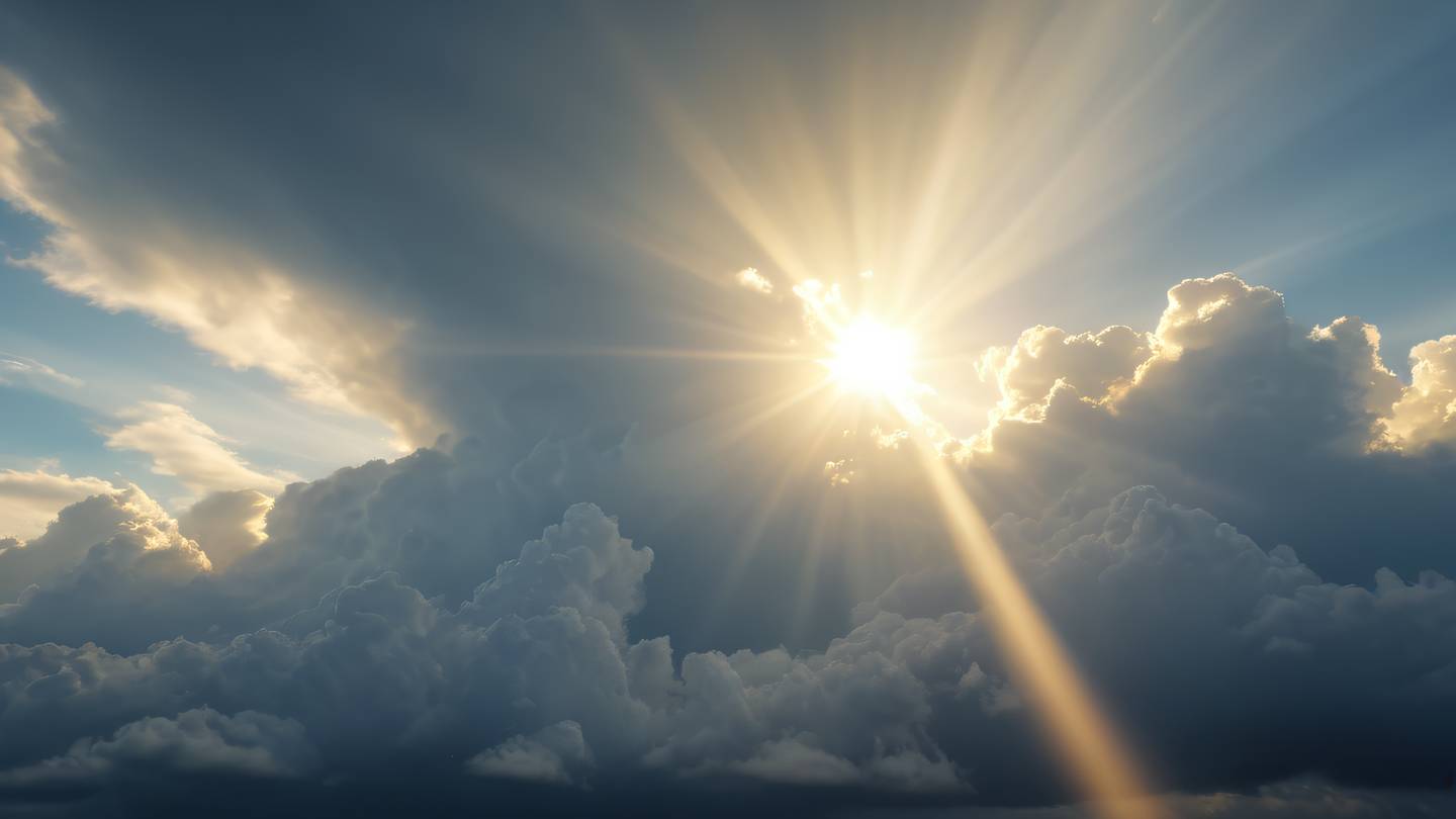 Ethereal cloud formations with streaming light rays featuring yellow and whisper white colors captured from a dramatic low angle perspective with sun rays breaking through high-quality ultra-realistic cinematic 8K UHD high resolution sharp and detail