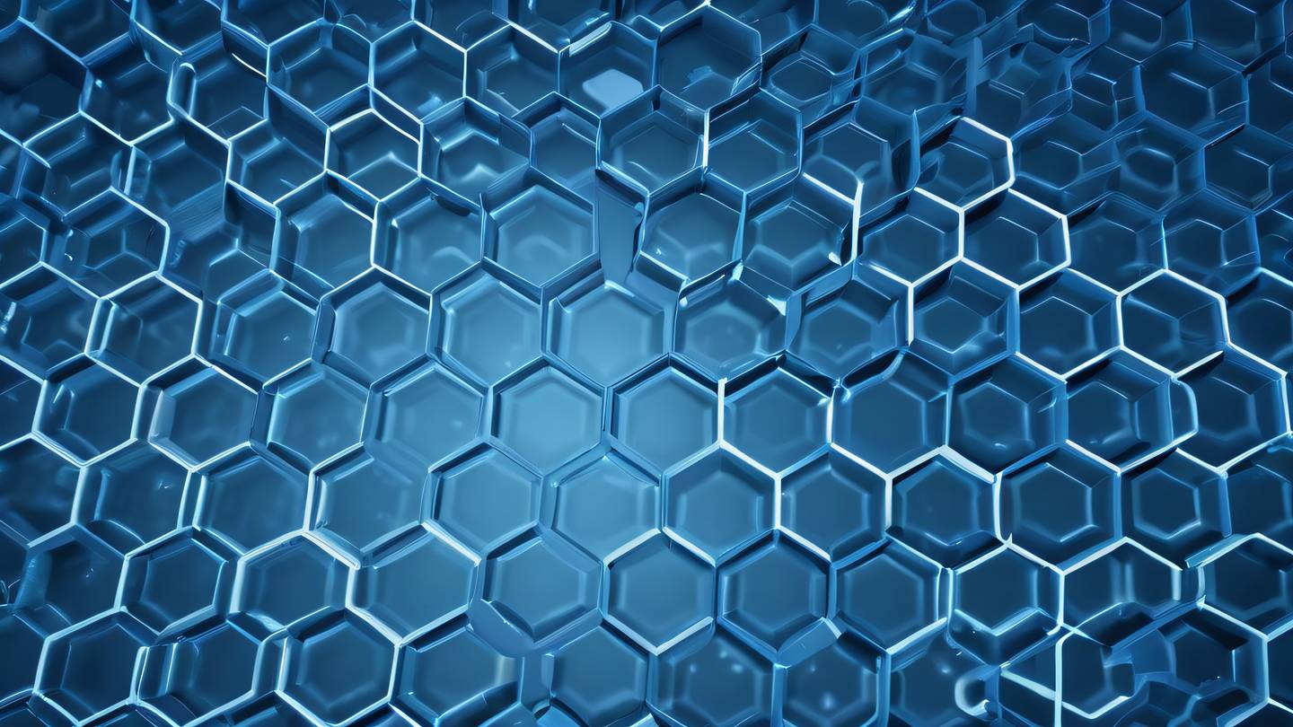 A geometric abstract pattern representing data flow and coverage metrics featuring interconnected hexagons and lines in light blue and cobalt colors shot from top-down perspective high-quality ultra-realistic cinematic 8K UHD high resolution sharp and detail