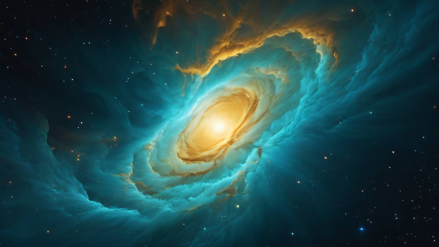 A swirling nebula in bright turquoise and golden yellow colors showing dynamic cloud formations and stellar phenomena photographed from a low-angle perspective high-quality ultra-realistic cinematic 8K UHD high resolution sharp and detail