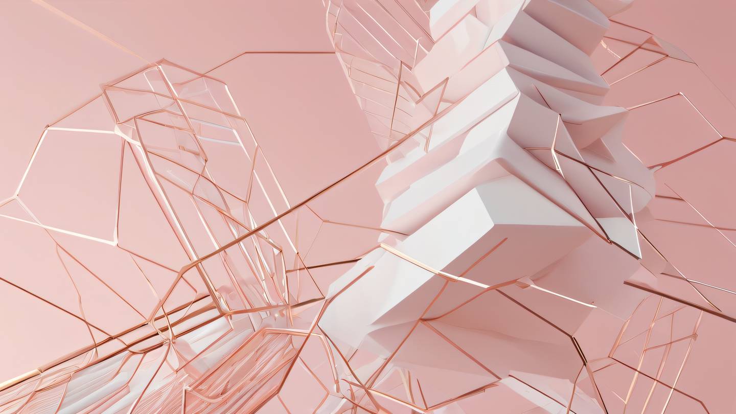 Abstract geometric floating shapes representing data flow and filtering with intricate patterns in rose gold white and soft pink colors creating a sense of digital transformation ultra-realistic cinematic 8K UHD high resolution sharp and detail