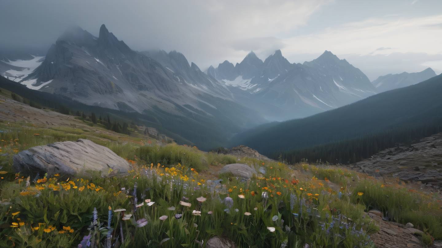 Layered rocky mountains with natural stone colors transitioning from warm browns to cool greys misty valleys between peaks scattered with bright wildflowers in foreground high-quality ultra-realistic cinematic 8K UHD high resolution sharp and detail