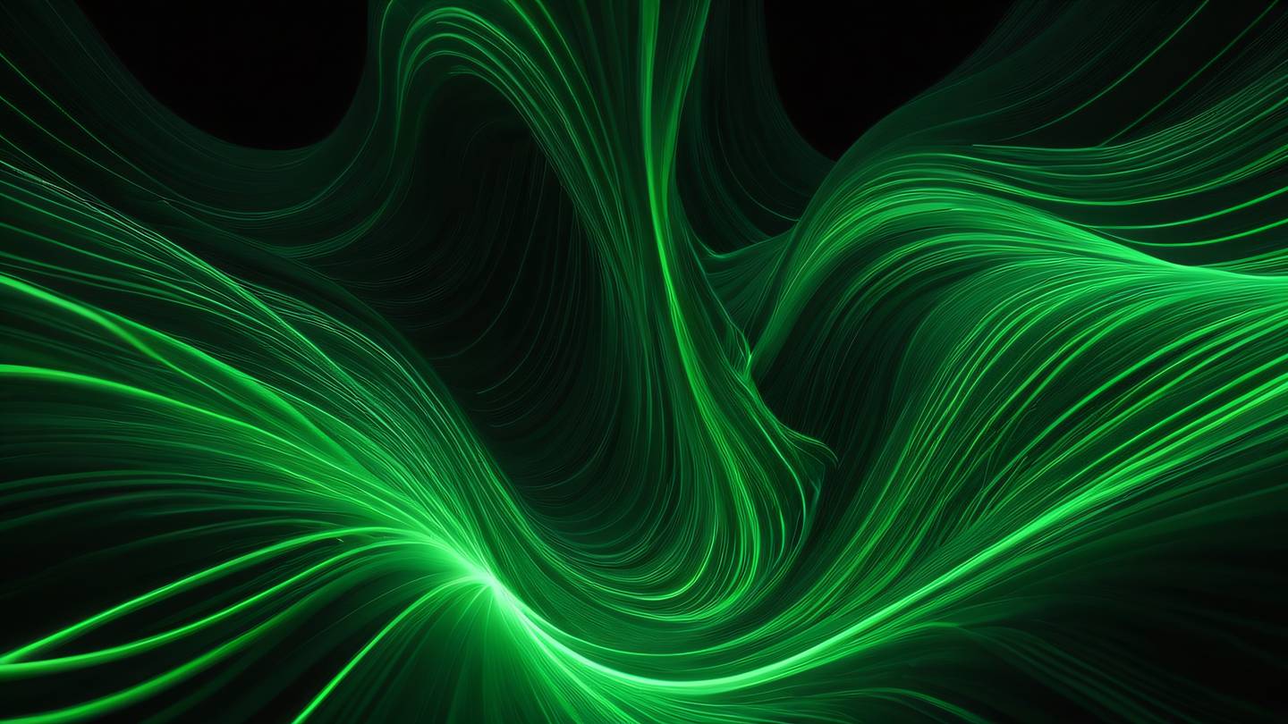 Dynamic abstract composition of flowing energy streams with vibrant neon green and dark forest green elements intertwining against a black background shot from a dutch angle perspective high-quality ultra-realistic cinematic 8K UHD high resolution sharp and detail