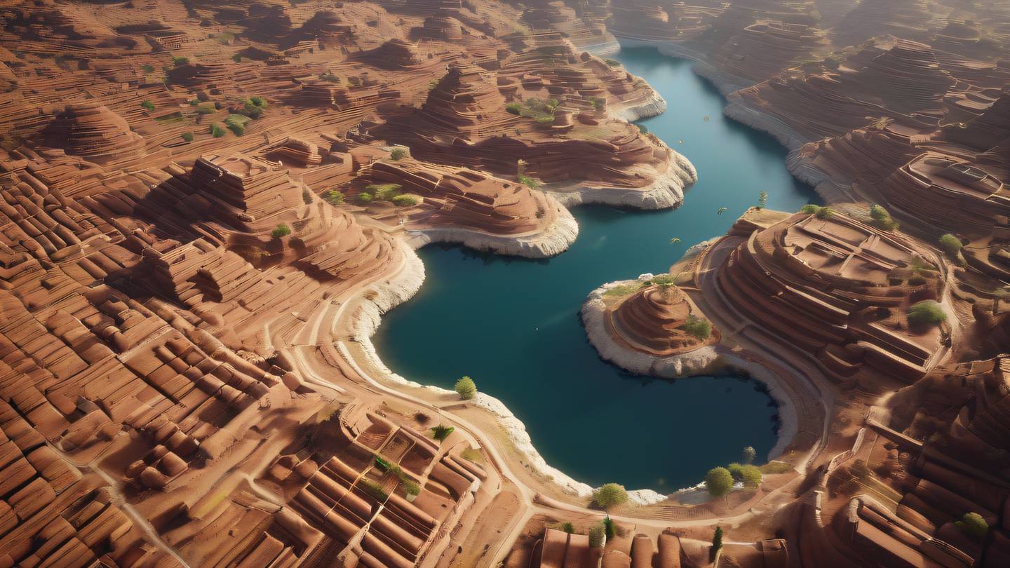 A serene landscape of interconnected floating islands in sun-washed brick and clay colors representing different components working together seamlessly. Shot from a bird's eye view perspective high-quality ultra-realistic cinematic 8K UHD high resolution sharp and detail