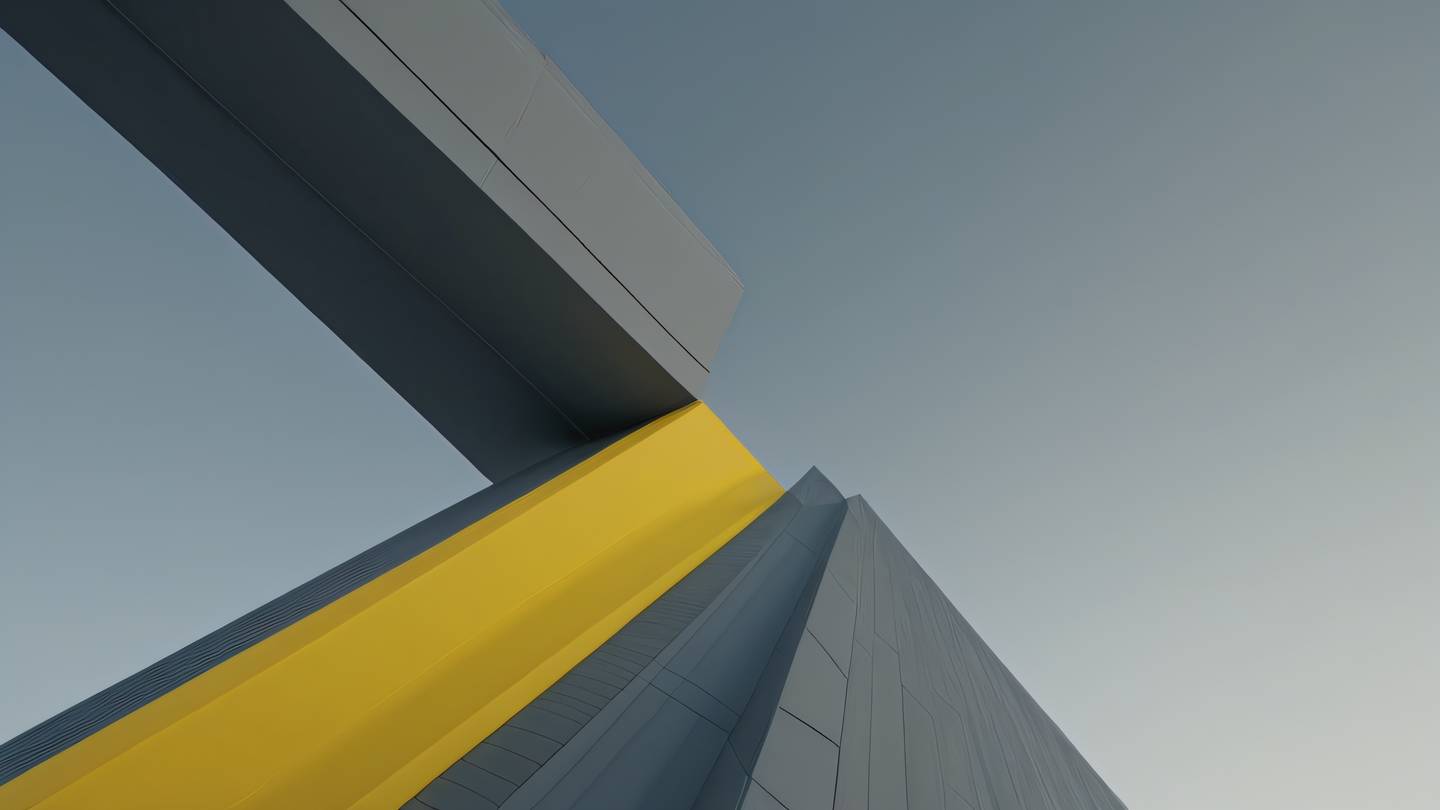 Modern minimalist composition of intersecting planes and surfaces in bright yellow and cool grey tones. Shot from a dramatic low angle perspective high-quality ultra-realistic cinematic 8K UHD high resolution sharp and detail