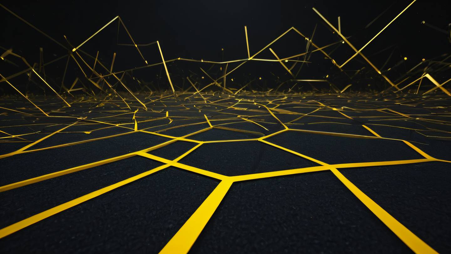 An abstract representation of branching paths with floating geometric shapes photographed from a low angle. Bright yellow paths against dark background with golden highlights. High-quality ultra-realistic cinematic 8K UHD high resolution sharp and detail