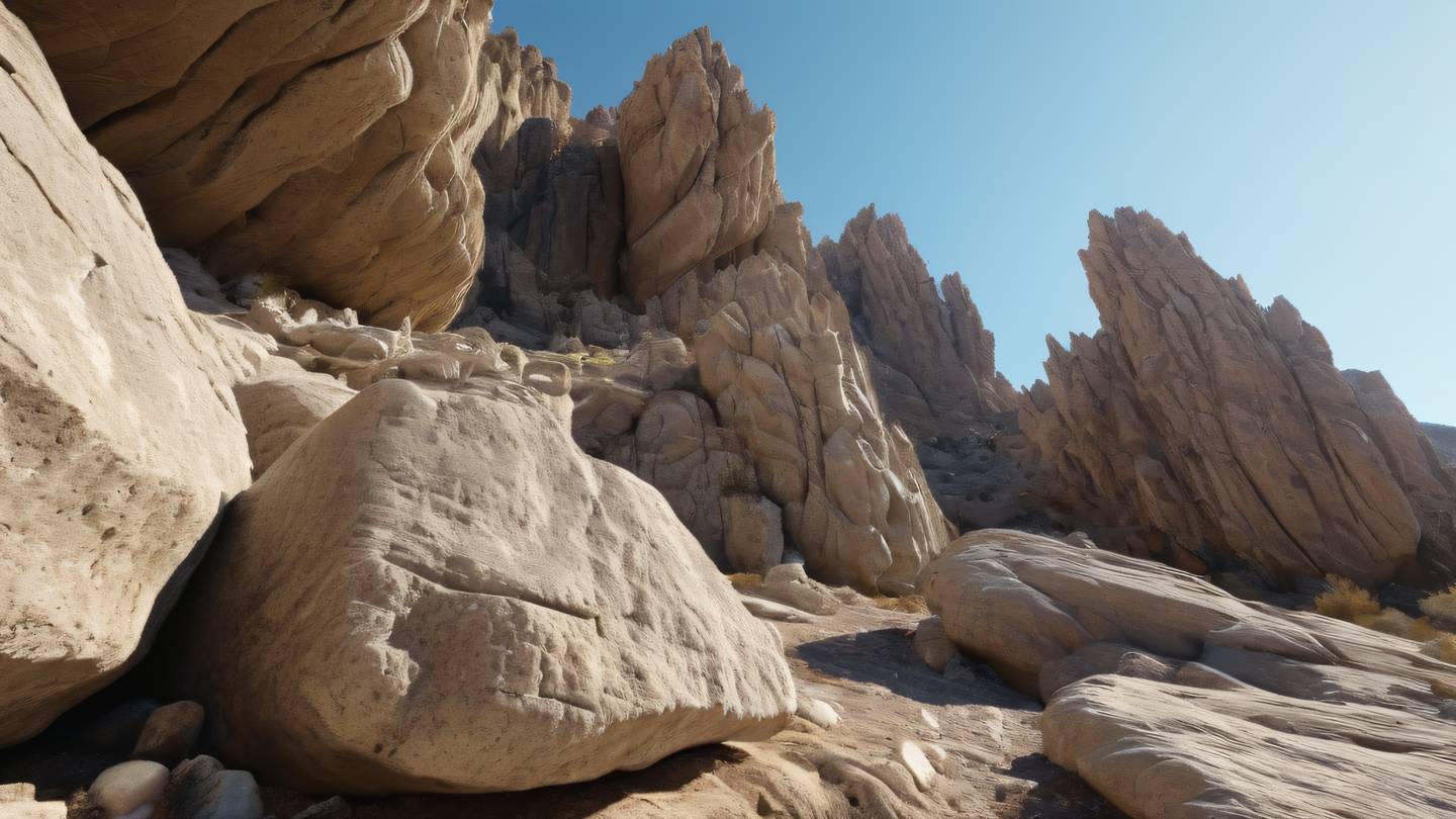 Crystalline rock formations with naturally occurring geometric patterns captured from a low angle perspective. Colors: gem-like tones of clear crystal and natural stone textures illuminated by bright sunlight. high-quality ultra-realistic cinematic 8K UHD high resolution sharp and detail