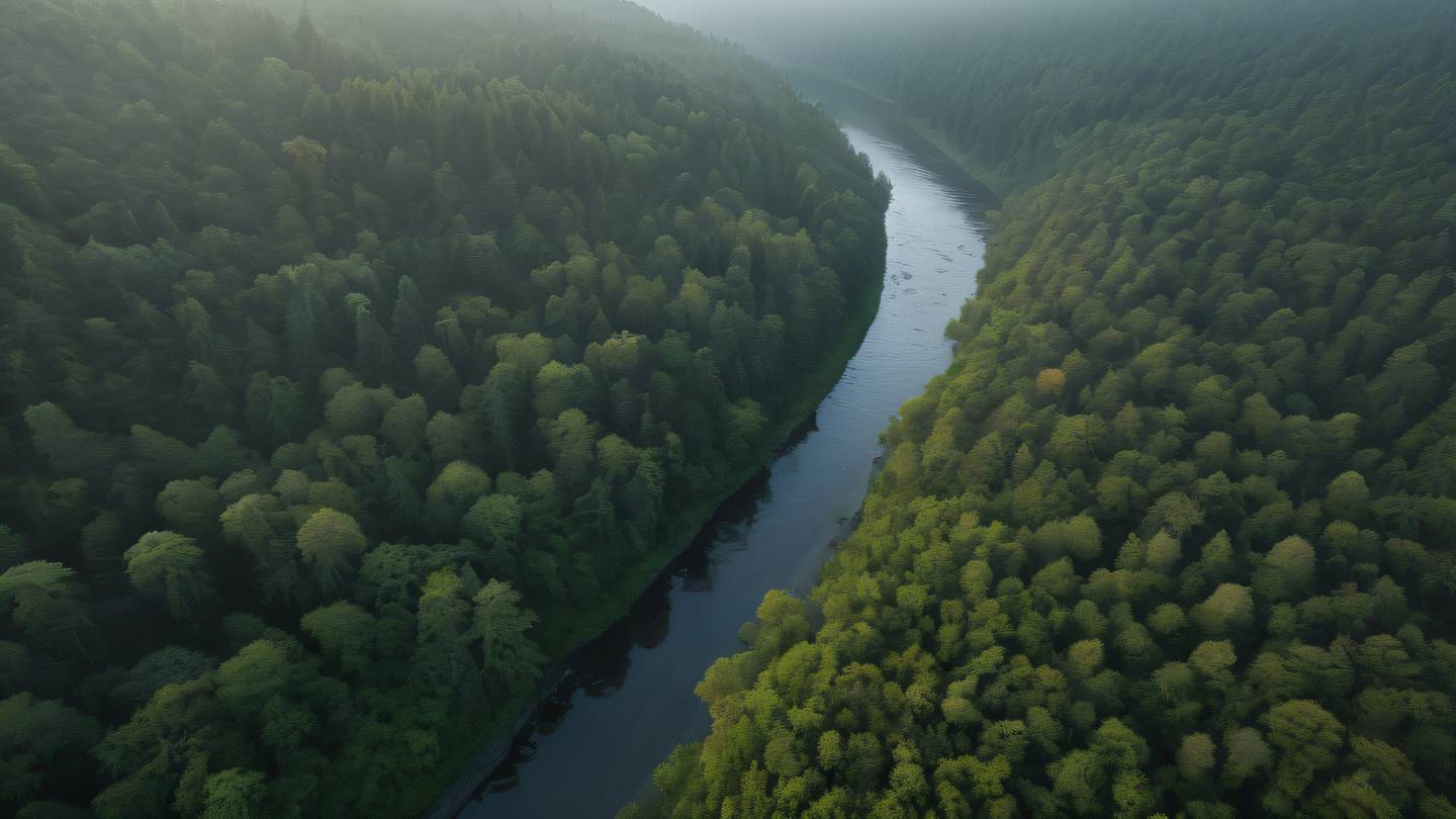 Aerial view of a meandering river cutting through a misty forest landscape morning light creating natural golden highlights maroon and seaweed tones in the vegetation bird's eye perspective high-quality ultra-realistic cinematic 8K