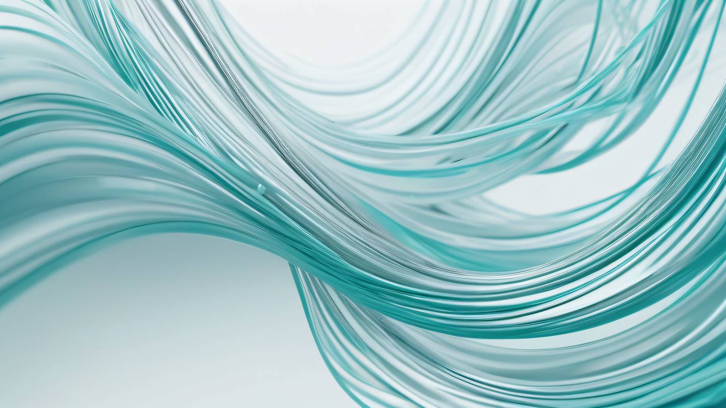 Abstract flowing patterns resembling digital connections and data streams metallic silver and bright teal swirls interweaving in a graceful dance against a pristine white background high-quality ultra-realistic cinematic 8K UHD high resolution sharp and detail