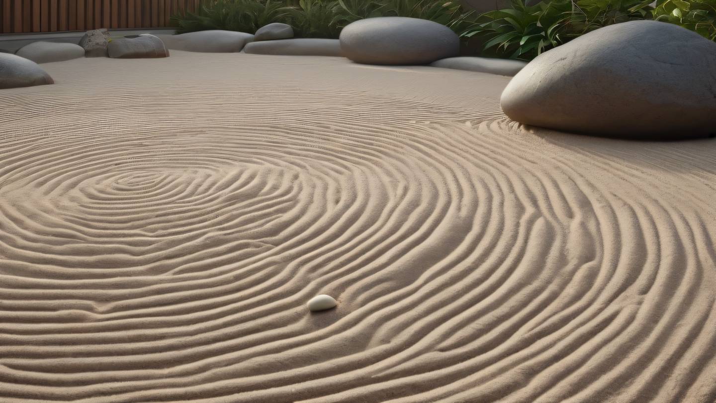 Peaceful zen garden with smooth stones and raked sand patterns in neutral tones with touches of rose gold morning light creating soft shadows high-quality ultra-realistic cinematic 8K UHD high resolution sharp and detail