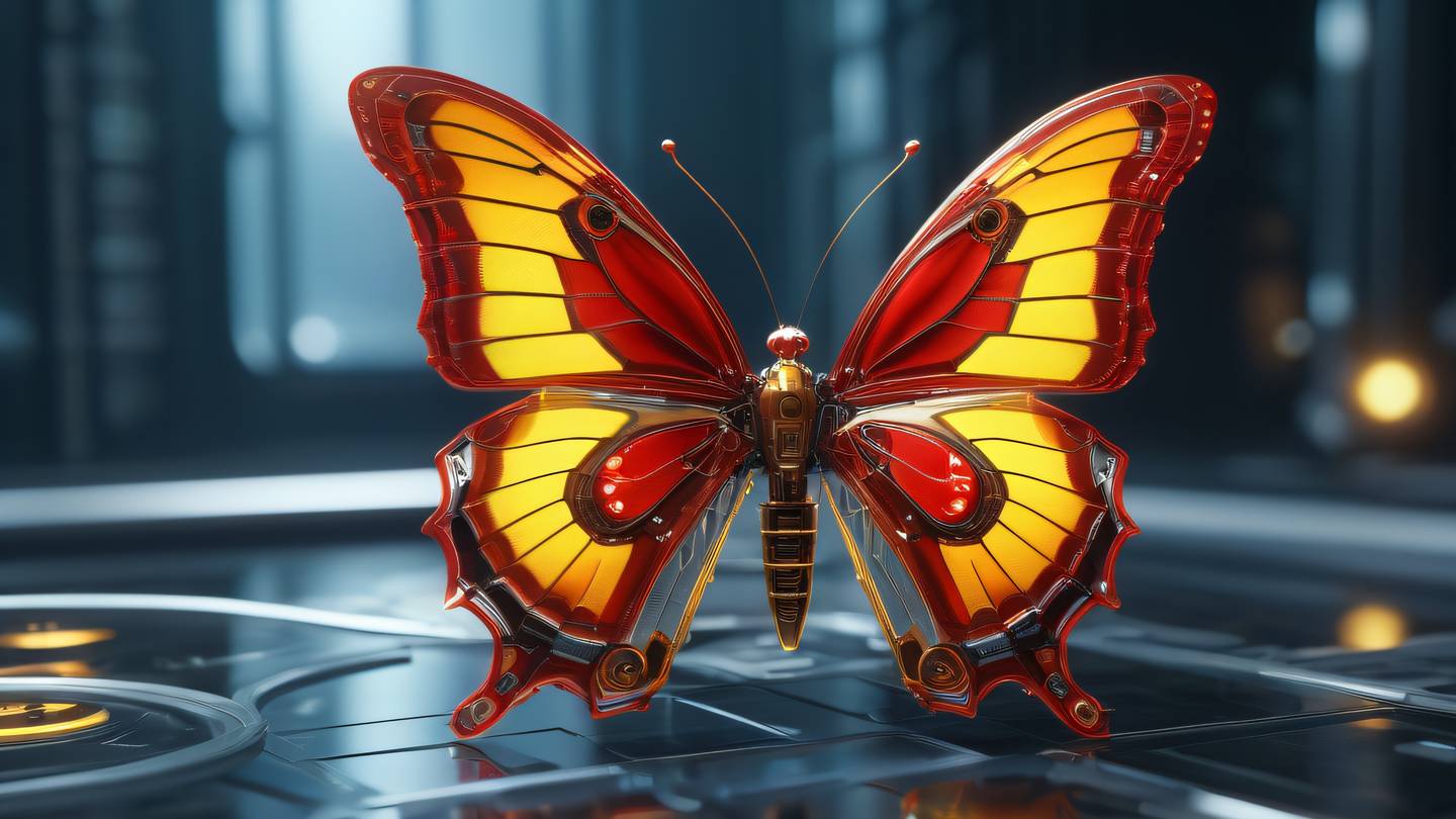 A bright red and yellow robotic butterfly with intricate mechanical wings floating in a crystalline environment gears and circuits visible through transparent surfaces high-quality ultra-realistic cinematic 8K UHD high resolution sharp and detail