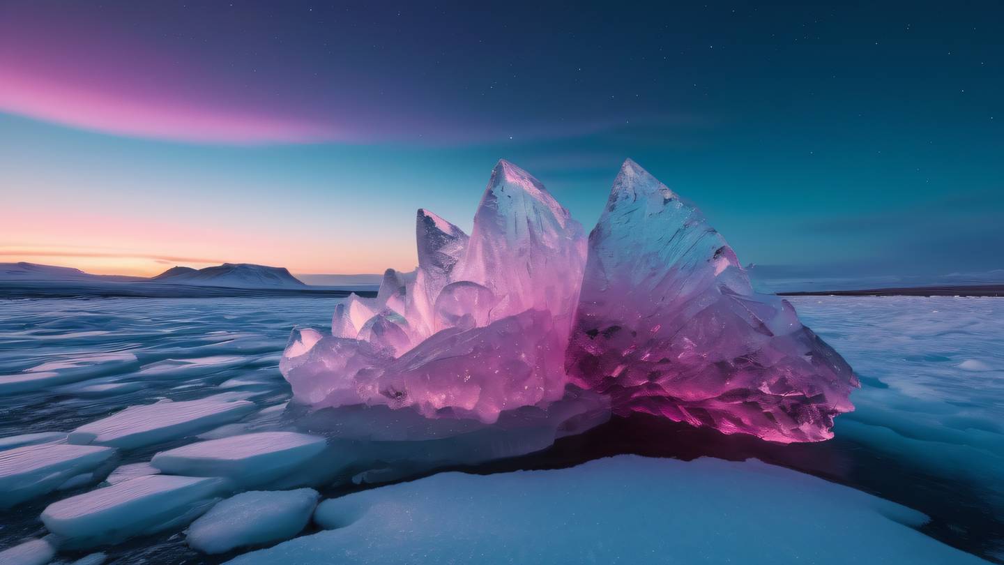 Geometric ice crystal formation in Iceland landscape with aurora borealis in background colors shifting between bright pink and cyan in the sky high-quality ultra-realistic cinematic 8K UHD high resolution sharp and detail