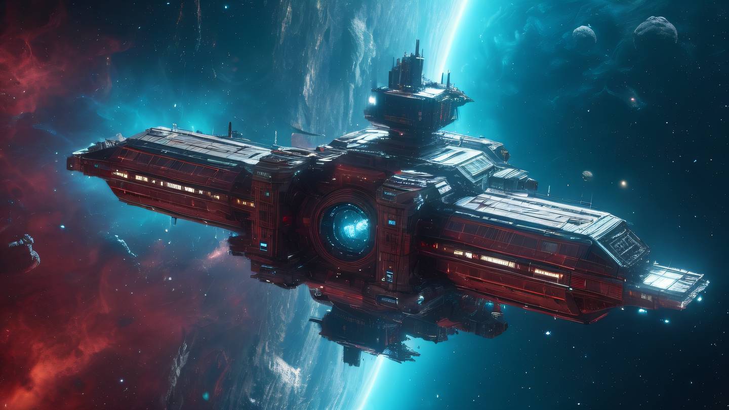 A space station with crystalline architecture floating among nebulae featuring geometric patterns and energy shields glowing in bright cyan and deep red colors high-quality ultra-realistic cinematic 8K UHD high resolution sharp and detail