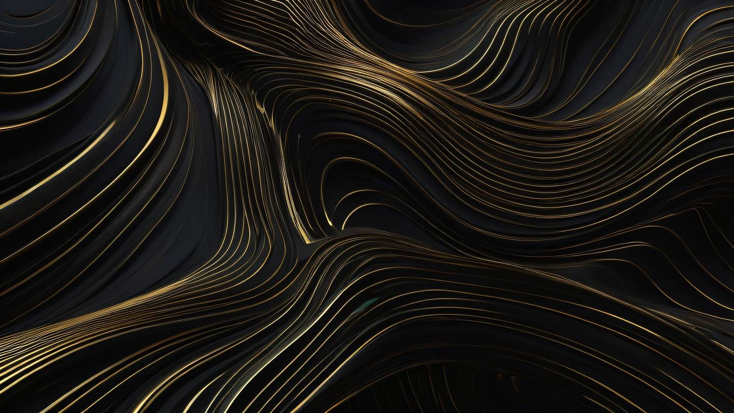 Abstract geometric shapes representing data flow patterns featuring flowing golden lines and curves against a deep black background captured from a top-down perspective high-quality ultra-realistic cinematic 8K UHD high resolution sharp and detail