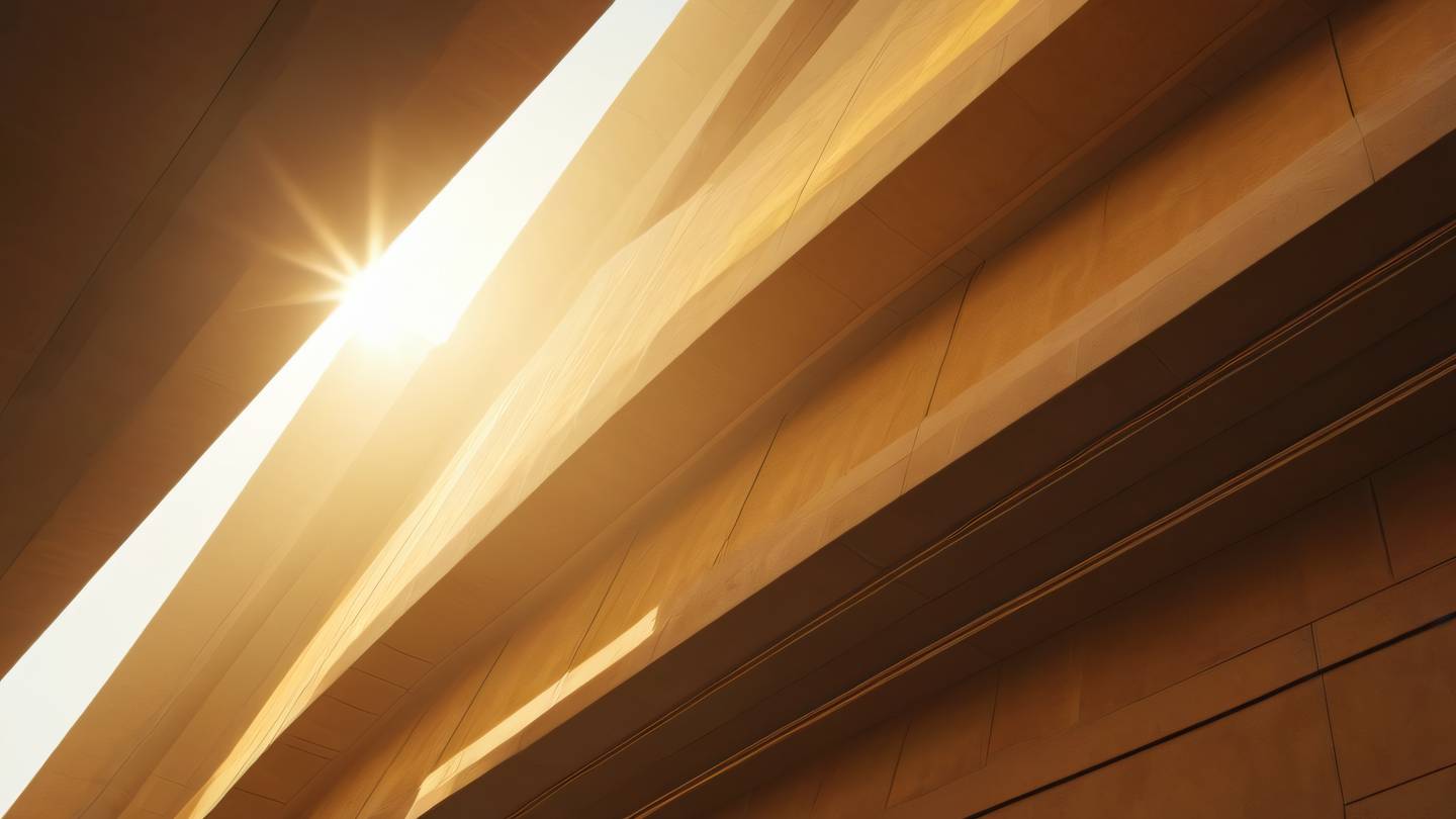 Smooth flowing light rays in warm orange and yellow tones streaming through abstract architectural elements shot from a dramatic low angle high-quality ultra-realistic cinematic 8K UHD high resolution sharp and detail