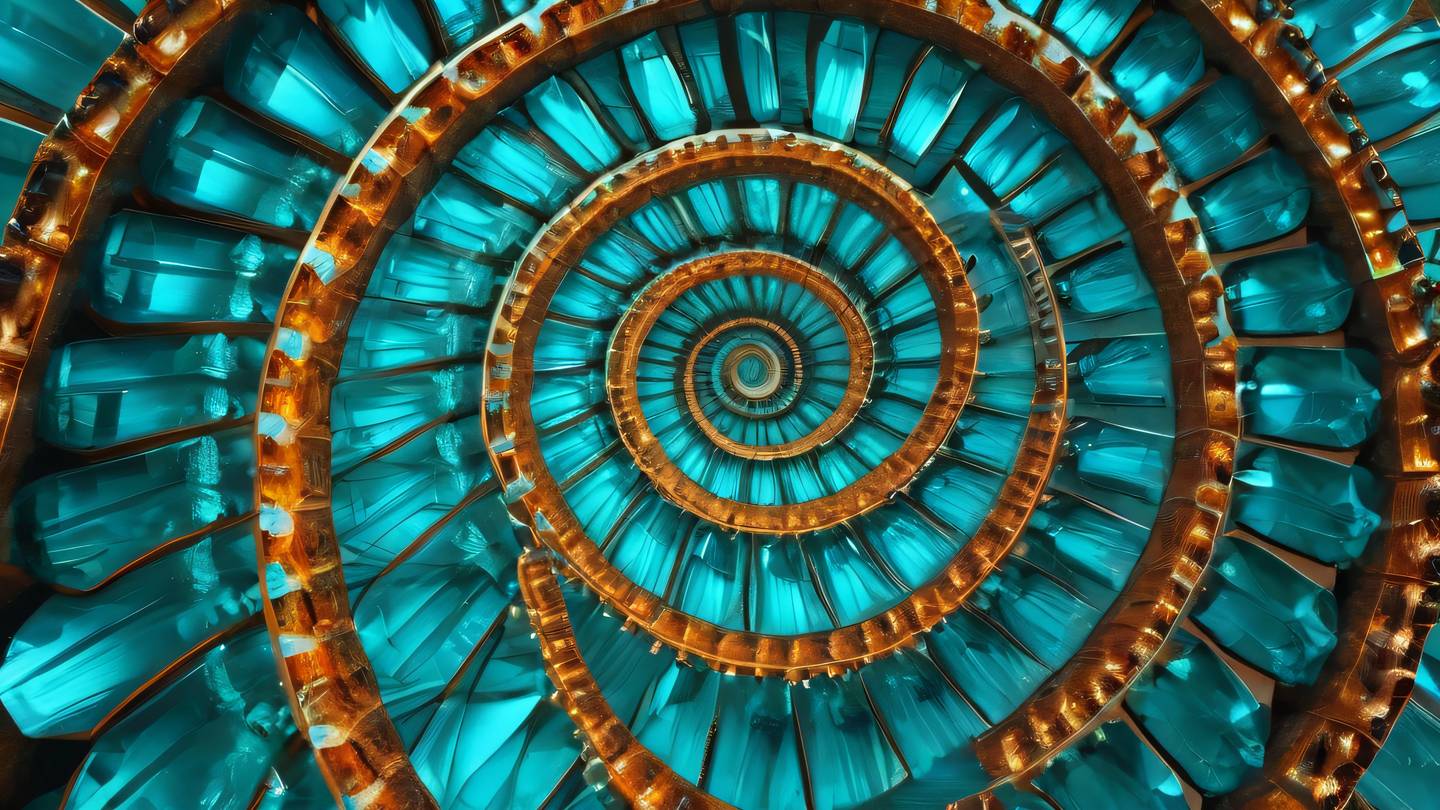 Crystal-like geometric formations reflecting light in bright turquoise and amber colors arranged in a spiral pattern viewed from a bird's eye perspective high-quality ultra-realistic cinematic 8K UHD high resolution sharp and detail