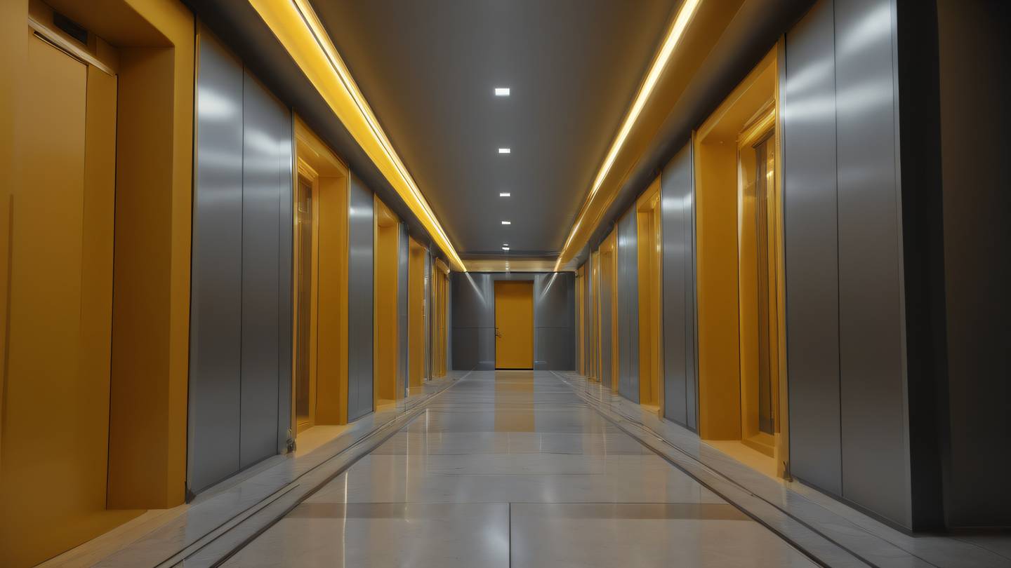 A modern abstract architectural hallway with multiple doorways and paths branching off shot from a low angle perspective with dramatic lighting featuring butterscotch yellow and silver metallic surfaces architectural forms creating natural leading lines high-quality ultra-realistic cinematic 8K UHD high resolution sharp and detail