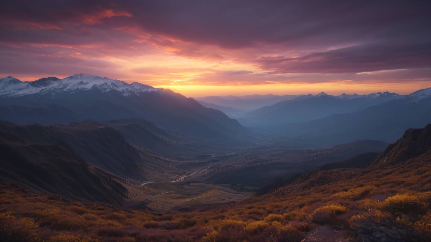Ethereal cloudy landscape at sunset with layered mountains in the distance featuring plum and butterscotch yellow colors blending together captured with a wide-angle perspective high-quality ultra-realistic cinematic 8K UHD high resolution sharp and detail