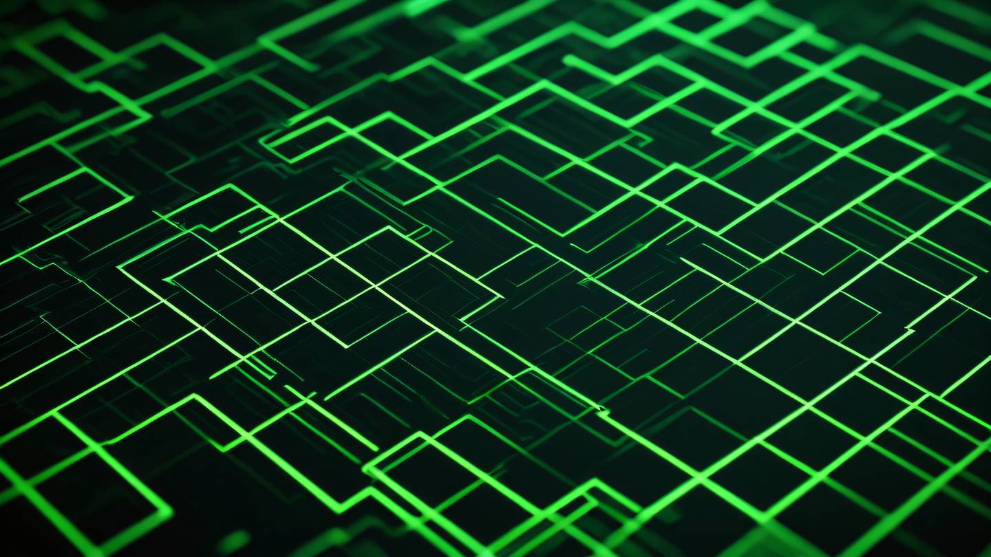 Dynamic geometric patterns in dark green and neon green representing digital transformation shot from a 45-degree angle high-quality ultra-realistic cinematic 8K UHD high resolution sharp and detailed