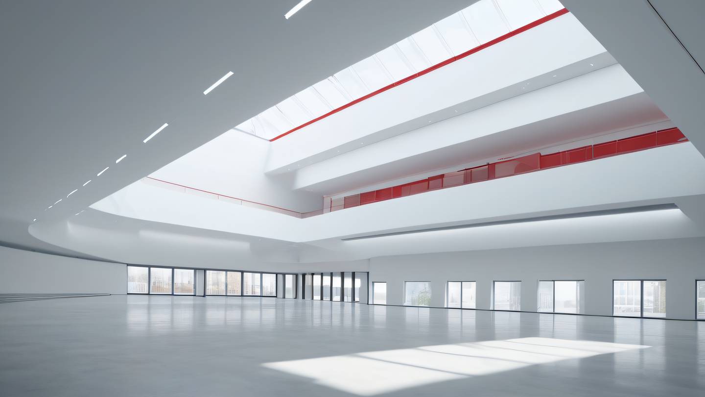 Minimalist architectural interior with streaming natural light through windows dominated by clean whites and bold reds low angle perspective looking up high-quality ultra-realistic cinematic 8K UHD high resolution sharp and detailed