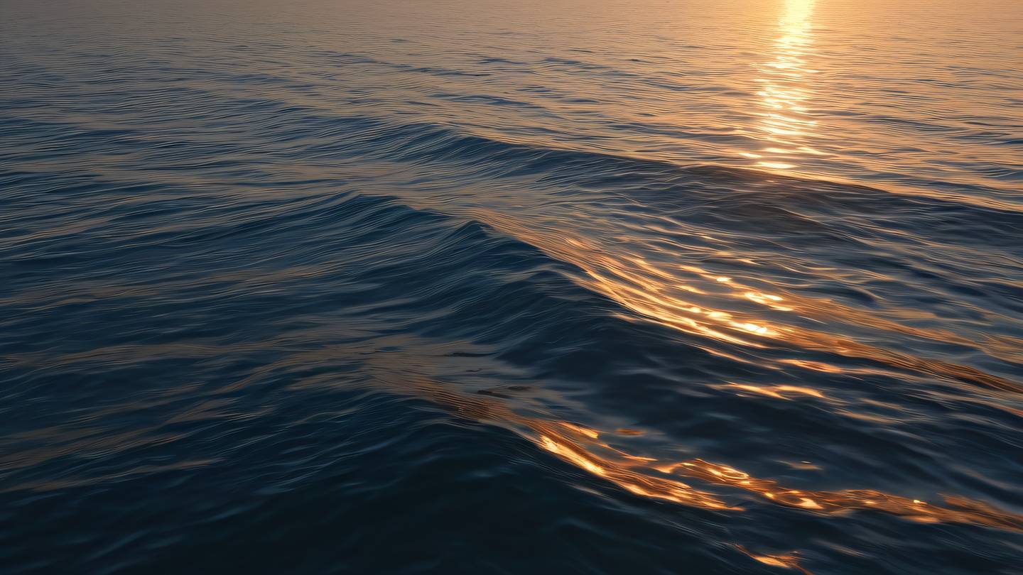 A peaceful ocean scene at sunset with gentle waves creating natural patterns featuring bright walnut and iron colors reflecting on the water surface diagonal waves stretching to the horizon captured from a slightly elevated side angle high-quality ultra-realistic cinematic 8K UHD high resolution sharp and detail