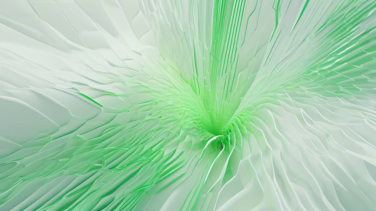 Abstract geometric pattern representing data flow and regeneration featuring flowing crystalline structures in iridescent and neon green colors against off-white background captured from top-down perspective high-quality ultra-realistic cinematic 8K UHD high resolution sharp and detail