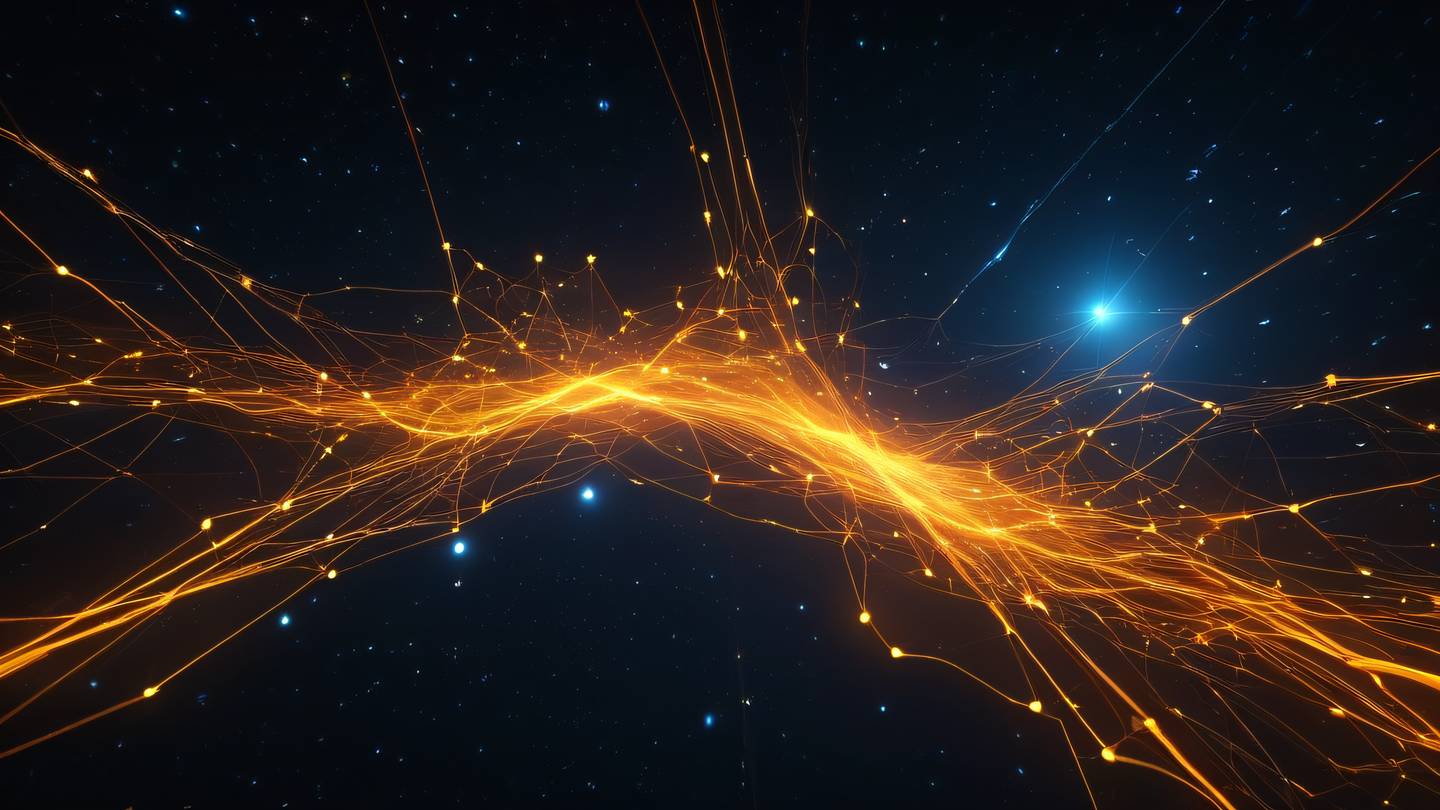 Abstract digital network connections floating in space with vibrant orange and yellow energy streams flowing between nodes featuring bright neon colors against deep space background high-quality ultra-realistic cinematic 8K UHD high resolution sharp and detail