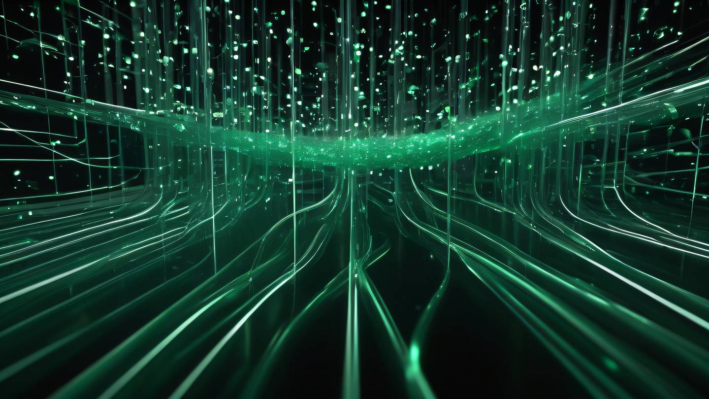 Abstract digital network flow visualization with emerald and white streaming particles flowing through transparent tubes against black background high-quality ultra-realistic cinematic 8K UHD high resolution sharp and detail